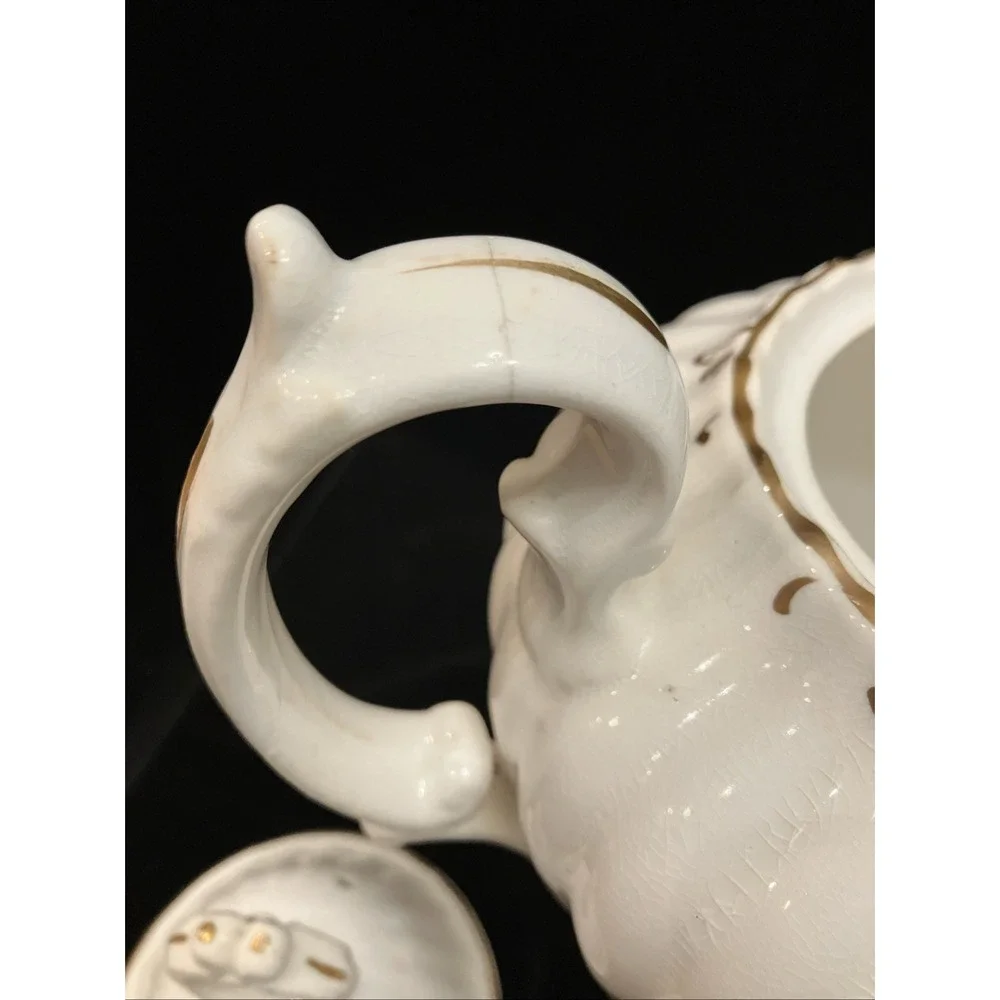 Antique Staffordshire England 6 Footed Porcelain & Stoneware Teapot White Gold
